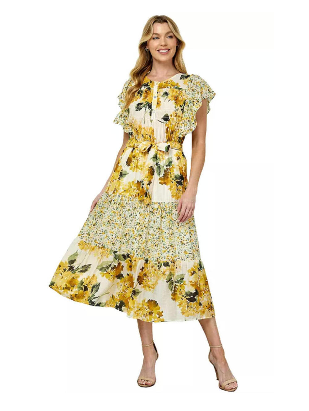 Figueroa and Flower sz M yellow floral boho midi cap flutter sleeve dress C